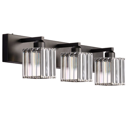 24 in. 3-Light Black Square Crystal Bathroom 3CCT Integrated LED Vanity Light Fixture