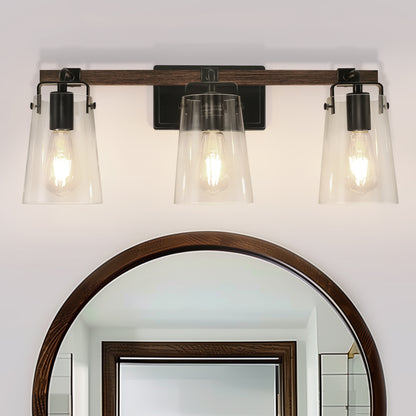 24 in. 3-Light Black and Faux Wood Vintage Farmhouse Vanity Light with Clear Glass Bell Shades for Bathroom