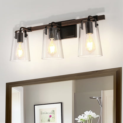 24 in. 3-Light Black and Faux Wood Vintage Farmhouse Vanity Light with Clear Glass Bell Shades for Bathroom