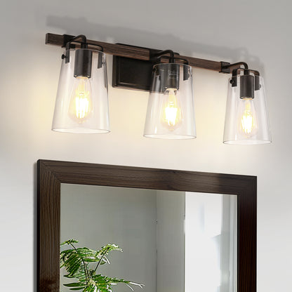 24 in. 3-Light Black and Faux Wood Vintage Farmhouse Vanity Light with Clear Glass Bell Shades for Bathroom