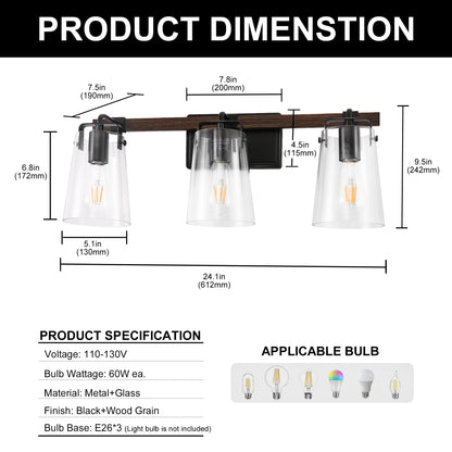 24 in. 3-Light Black and Faux Wood Vintage Farmhouse Vanity Light with Clear Glass Bell Shades for Bathroom