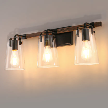 24 in. 3-Light Black and Faux Wood Vintage Farmhouse Vanity Light with Clear Glass Bell Shades for Bathroom