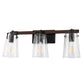 24 in. 3-Light Black and Faux Wood Vintage Farmhouse Vanity Light with Clear Glass Bell Shades for Bathroom