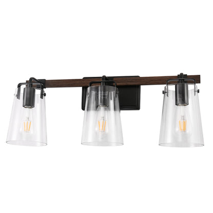 24 in. 3-Light Black and Faux Wood Vintage Farmhouse Vanity Light with Clear Glass Bell Shades for Bathroom