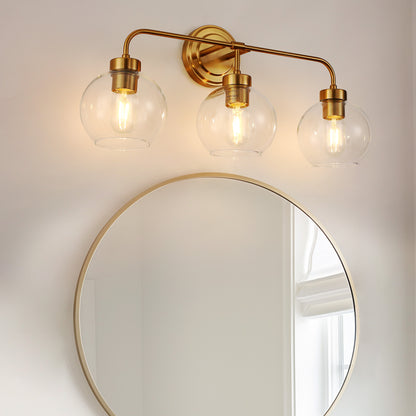 24 in. 3-Light Mid-Century Modern Globe Bathroom Vanity Light, Brass Gold Round Wall Fixture with Clear Glass Shades