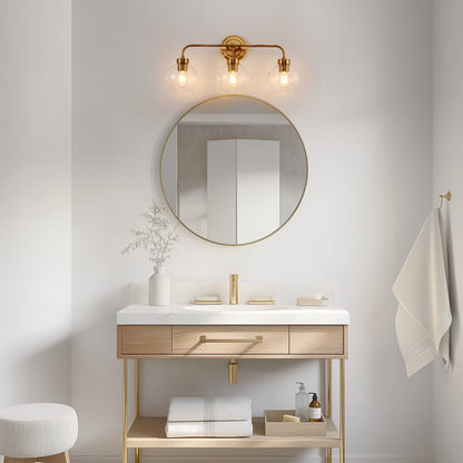 24 in. 3-Light Mid-Century Modern Globe Bathroom Vanity Light, Brass Gold Round Wall Fixture with Clear Glass Shades