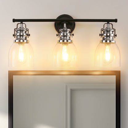 24 in. 3-Light Black and Nickel Modern Bell Vanity Light for Bathroom Mirror with Clear Glass Shades