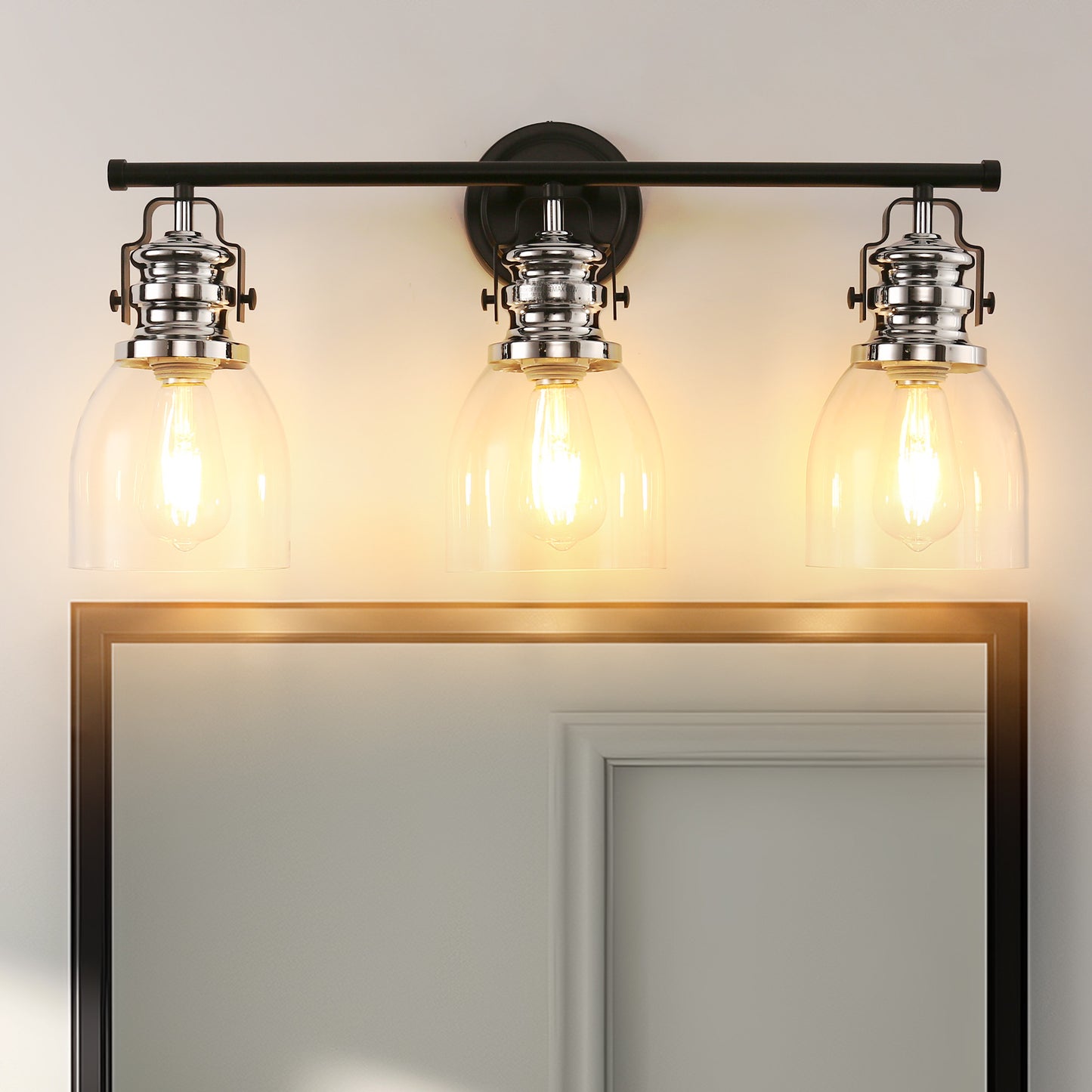 YANSUN 24 in. 3-Light Black and Nickel Vanity Light with Clear Glass Bell Shades for Bathroom and Powder Room