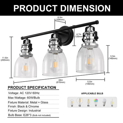 24 in. 3-Light Black and Nickel Modern Bell Vanity Light for Bathroom Mirror with Clear Glass Shades