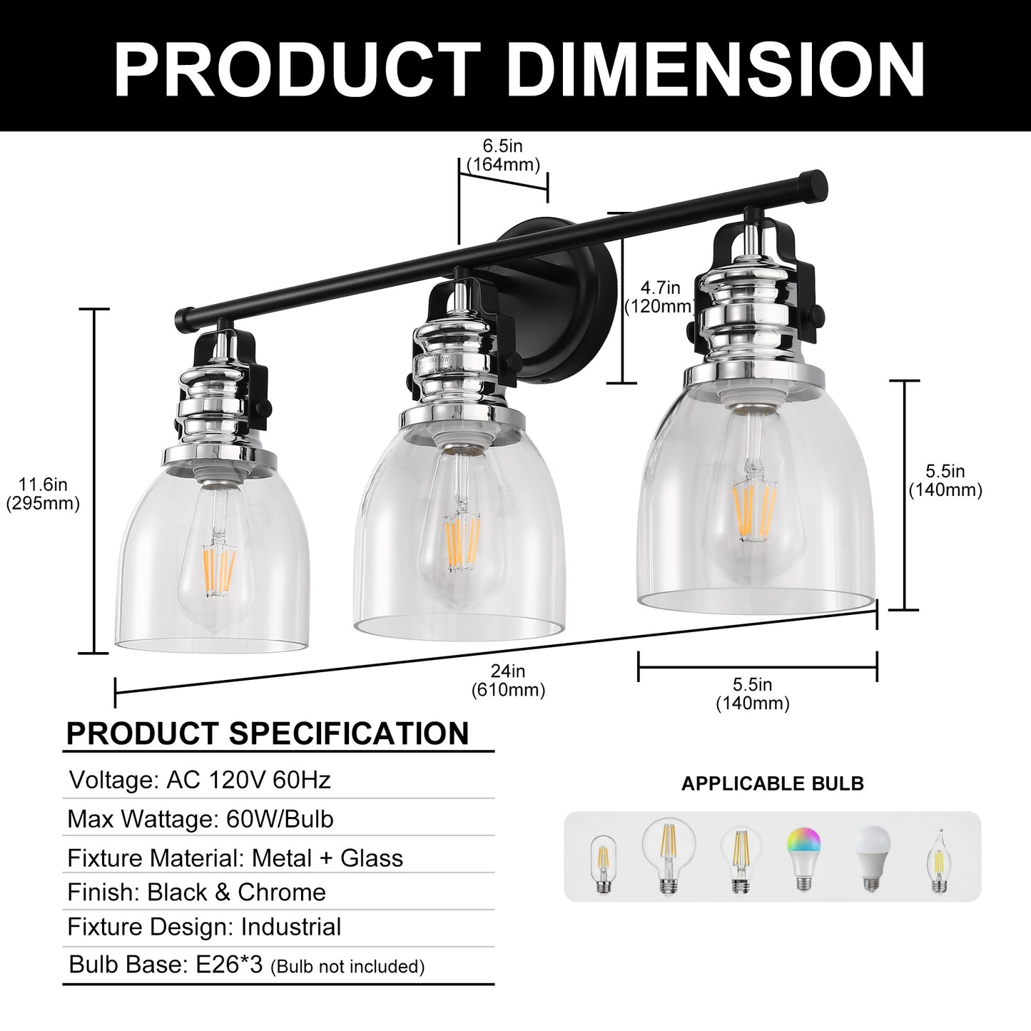 YANSUN 24 in. 3-Light Black and Nickel Vanity Light with Clear Glass Bell Shades for Bathroom and Powder Room