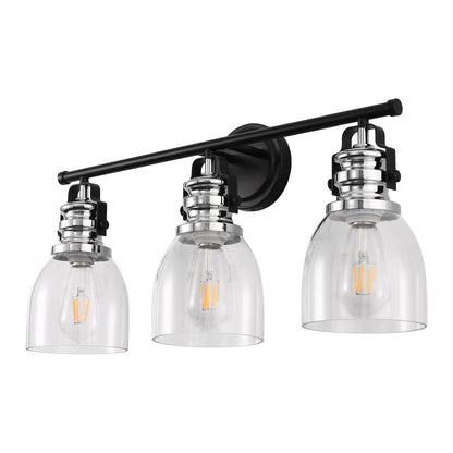 24 in. 3-Light Black and Nickel Modern Bell Vanity Light for Bathroom Mirror with Clear Glass Shades
