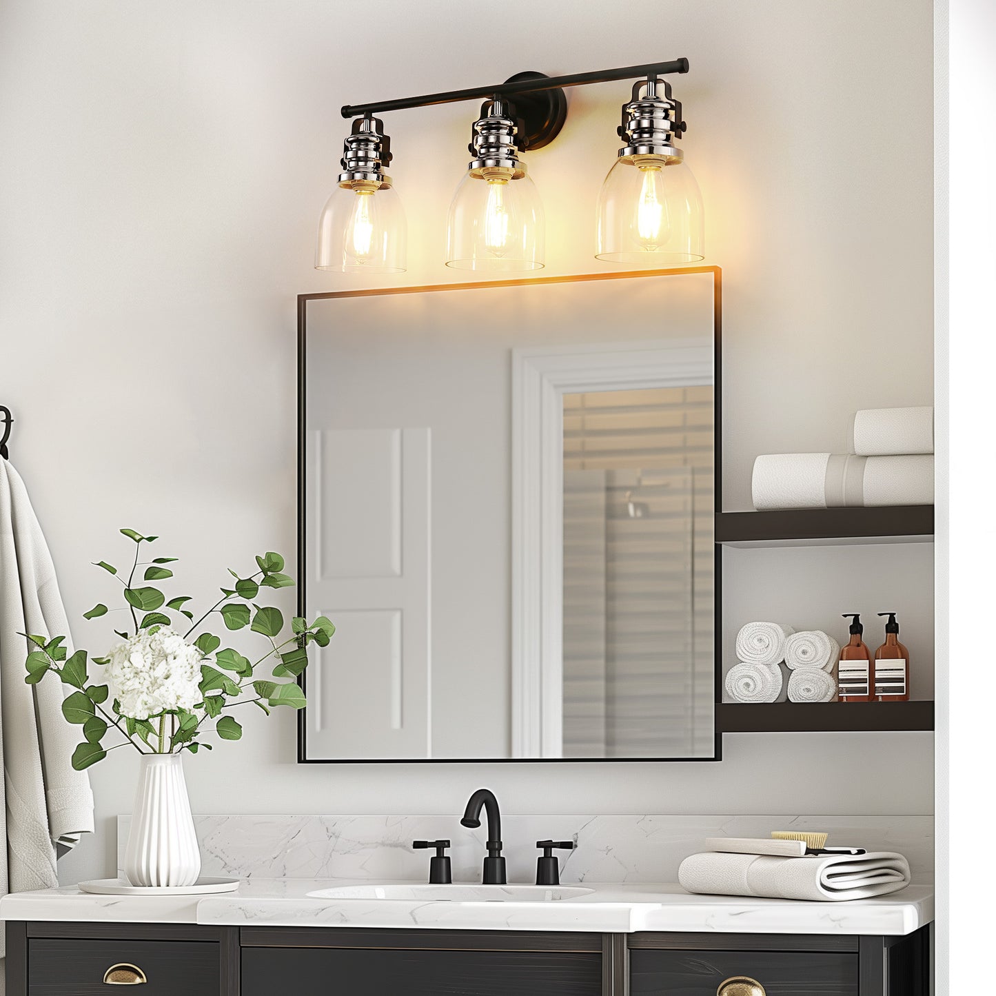 YANSUN 24 in. 3-Light Black and Nickel Vanity Light with Clear Glass Bell Shades for Bathroom and Powder Room