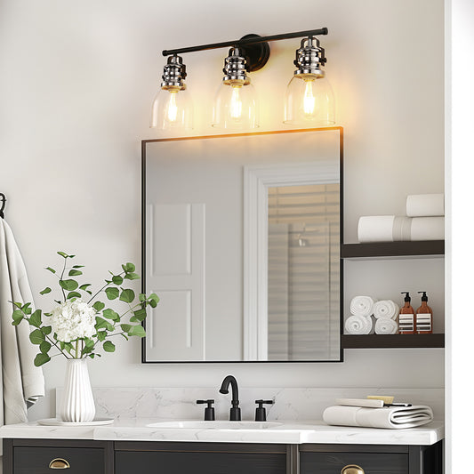 YANSUN 24 in. 3-Light Black and Nickel Vanity Light with Clear Glass Bell Shades for Bathroom and Powder Room