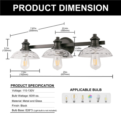 25 in. 3-Light Black Vanity Light with Clear Cylinder Glass Shades - Wall Sconce for Bathroom, Vanity, and Powder Room