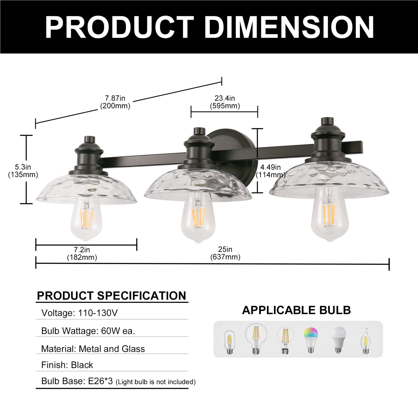 YANSUN 3-Light Black Bathroom Vanity Light Fixture Modern Wall Sconce E26 Mirror Lighting