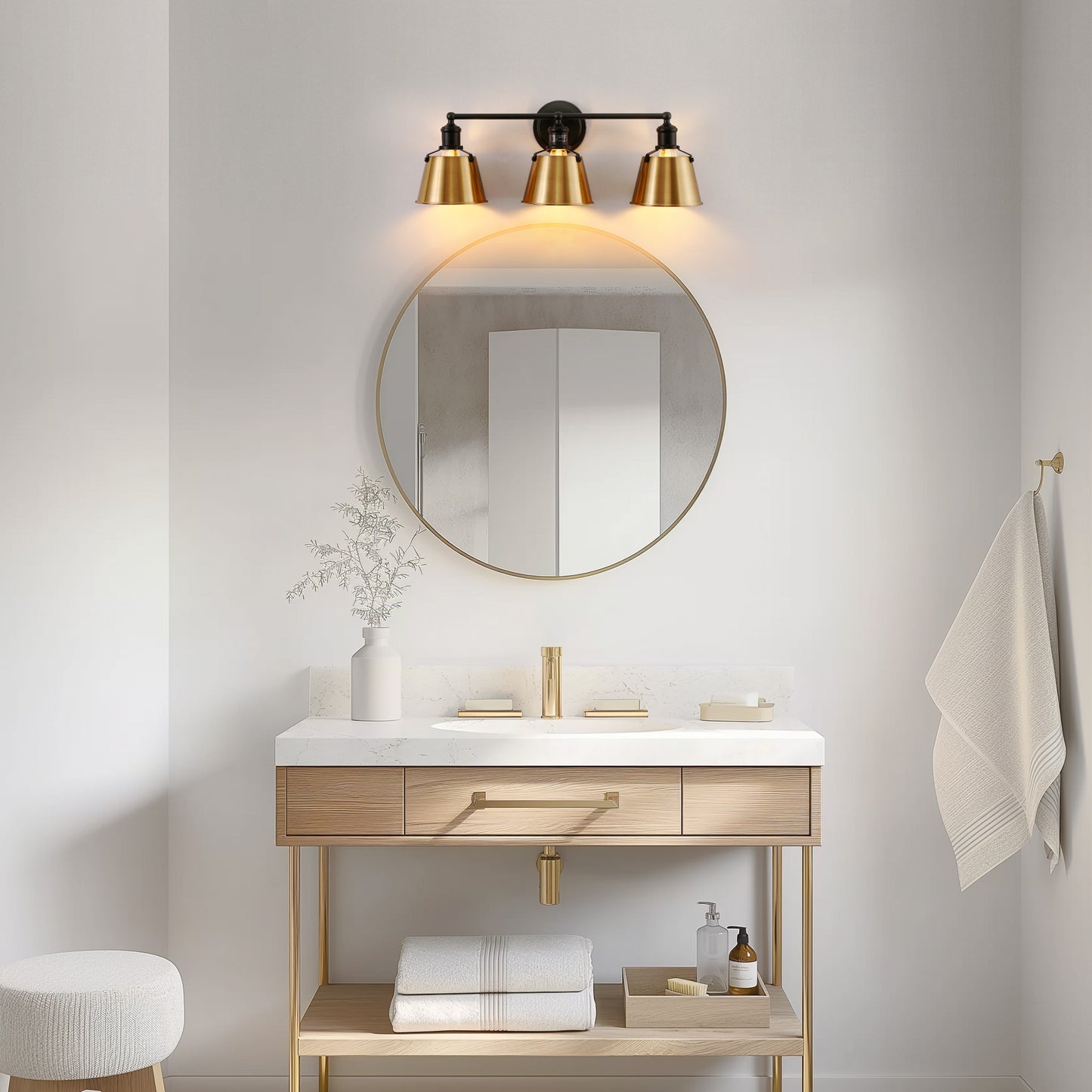 YANSUN 3-Light Vanity Light with Black and Gold Finish, Non-Integrated Design, E26 Sockets