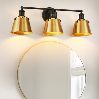 24 in. 3-Light Black and Gold Modern Bell Vanity Light for Bathroom Mirror with Metal Shades
