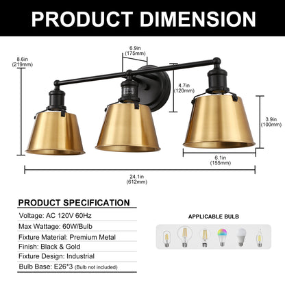 24 in. 3-Light Black and Gold Modern Bell Vanity Light for Bathroom Mirror with Metal Shades
