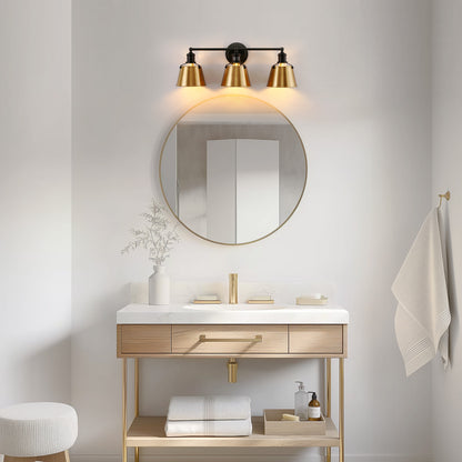 24 in. 3-Light Black and Gold Modern Bell Vanity Light for Bathroom Mirror with Metal Shades