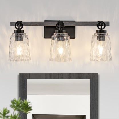 24 in. 3-Light Black and Wood Grain Modern Bell Vanity Light for Bathroom Mirror with Water Glass Shades