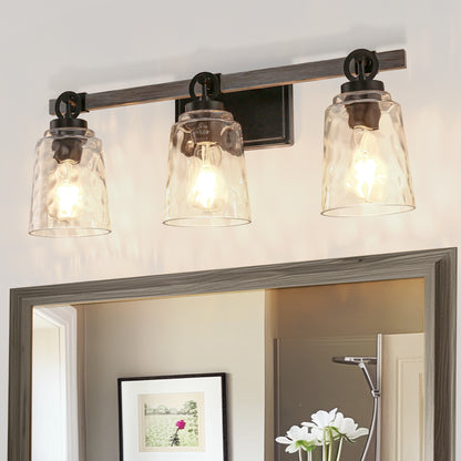 24 in. 3-Light Black and Wood Grain Modern Bell Vanity Light for Bathroom Mirror with Water Glass Shades