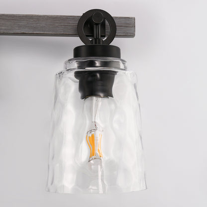 24 in. 3-Light Black and Wood Grain Modern Bell Vanity Light for Bathroom Mirror with Water Glass Shades