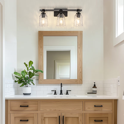 24 in. 3-Light Black and Wood Grain Modern Bell Vanity Light for Bathroom Mirror with Water Glass Shades