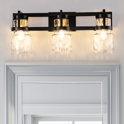23 in. 3-Light Black and Gold Industrial Cylinder Vanity Light for Bathroom Mirror with Water Glass Shades