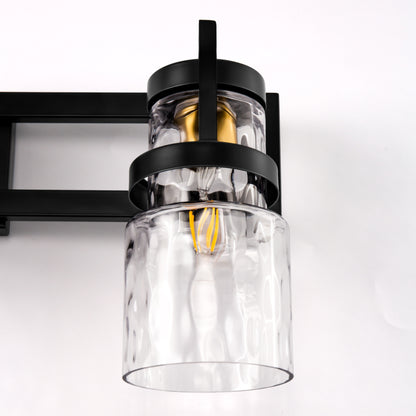 23 in. 3-Light Black and Gold Industrial Cylinder Vanity Light for Bathroom Mirror with Water Glass Shades