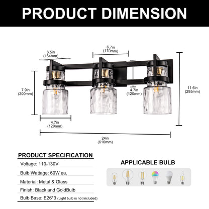 23 in. 3-Light Black and Gold Industrial Cylinder Vanity Light for Bathroom Mirror with Water Glass Shades