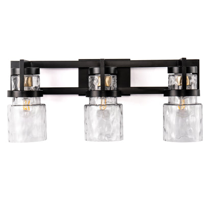 23 in. 3-Light Black and Gold Industrial Cylinder Vanity Light for Bathroom Mirror with Water Glass Shades