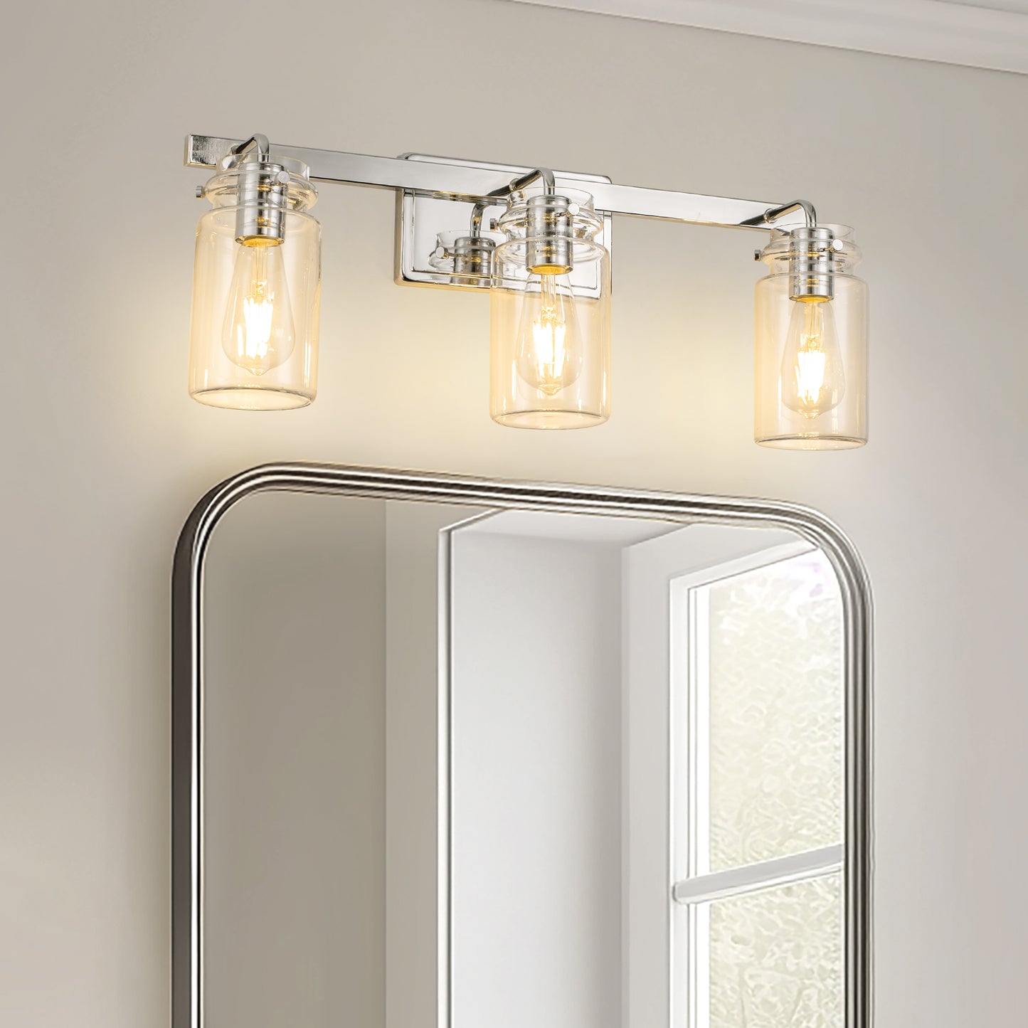 YANSUN 23.7 in. 3 Light Chrome Vanity Light with Clear Glass Shades and E26 Sockets for Bathroom Use