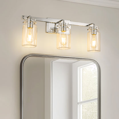 YANSUN 23.7 in. 3 Light Chrome Vanity Light with Clear Glass Shades and E26 Sockets for Bathroom Use