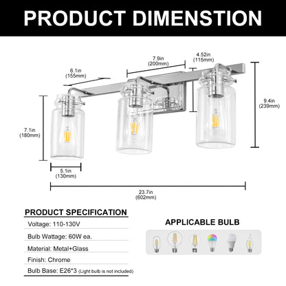 YANSUN 23.7 in. 3 Light Chrome Vanity Light with Clear Glass Shades and E26 Sockets for Bathroom Use
