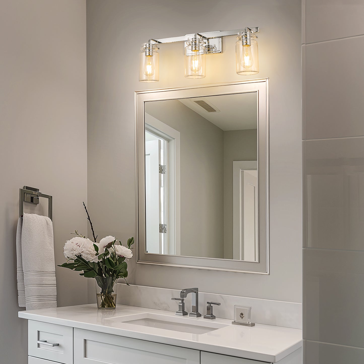 YANSUN 23.7 in. 3 Light Chrome Vanity Light with Clear Glass Shades and E26 Sockets for Bathroom Use