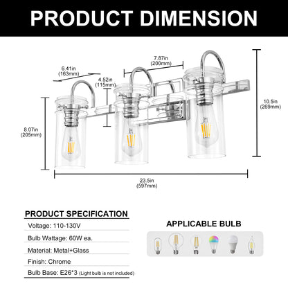 24 in. 3-Light Chrome Bathroom Vanity Light, Wall Sconce with Clear Glass Shades for Bathroom and Vanity Enhancement