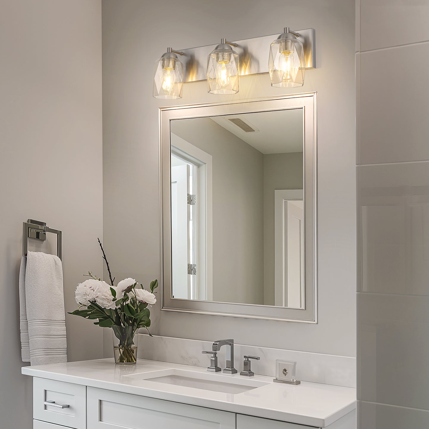YANSUN 22 in. 3-Light Nickel Metal Vanity Light with Glass Shade Dimmable No Bulbs Included