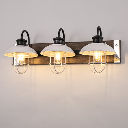 24 in. 3 Light Chrome and Wood Grain Modern Unique Bell Vanity Light for Bathroom, Kitchen with White Metal Shades