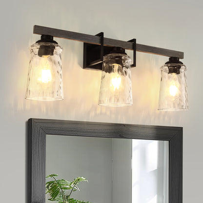 26 in. 3 Light Black and Wood Grain Rustic Farmhouse Bell Vanity Light for Bathroom Mirror with Water Glass