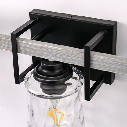 26 in. 3 Light Black and Wood Grain Rustic Farmhouse Bell Vanity Light for Bathroom Mirror with Water Glass