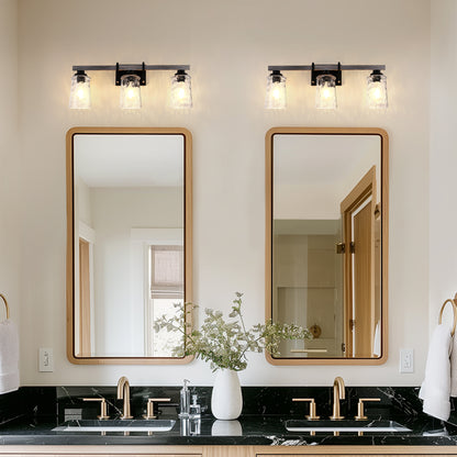 26 in. 3 Light Black and Wood Grain Rustic Farmhouse Bell Vanity Light for Bathroom Mirror with Water Glass
