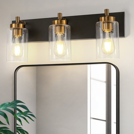 YANSUN 22 in. 3-Light Black Bathroom Vanity Light with Clear Glass and Brass Socket for Bathroom, Vanity, or Mirror