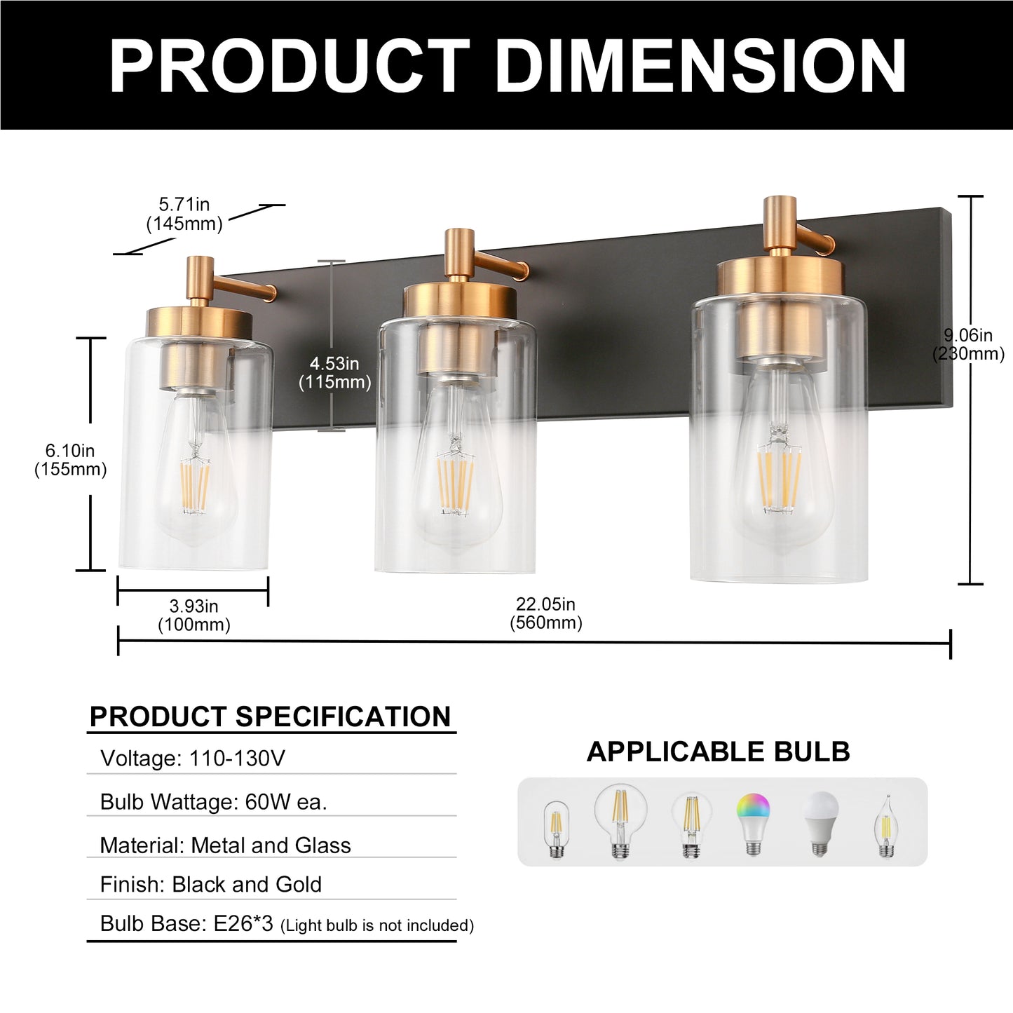 YANSUN 22 in. 3-Light Black Bathroom Vanity Light with Clear Glass and Brass Socket for Bathroom, Vanity, or Mirror