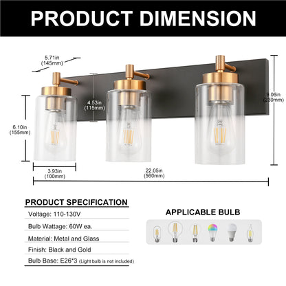 YANSUN 22 in. 3-Light Black Bathroom Vanity Light with Clear Glass and Brass Socket for Bathroom, Vanity, or Mirror