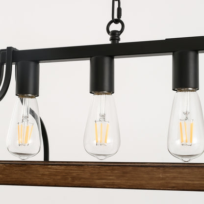 Rustic 5-Light Kitchen Island and Dining Room Light, Farmhouse Linear Chandelier with Black and Brown Wood Finish