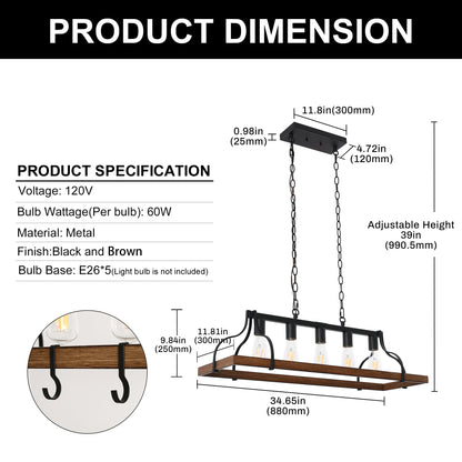 Rustic 5-Light Kitchen Island and Dining Room Light, Farmhouse Linear Chandelier with Black and Brown Wood Finish
