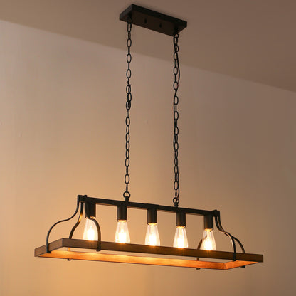 Rustic 5-Light Kitchen Island and Dining Room Light, Farmhouse Linear Chandelier with Black and Brown Wood Finish