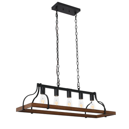Rustic 5-Light Kitchen Island and Dining Room Light, Farmhouse Linear Chandelier with Black and Brown Wood Finish
