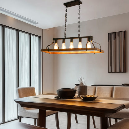 Rustic 5-Light Kitchen Island and Dining Room Light, Farmhouse Linear Chandelier with Black and Brown Wood Finish