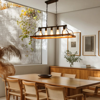 Rustic 5-Light Kitchen Island and Dining Room Light, Farmhouse Linear Chandelier with Black and Brown Wood Finish